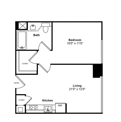 Floor plan for 1 bed, 1 bath, 493 sqft